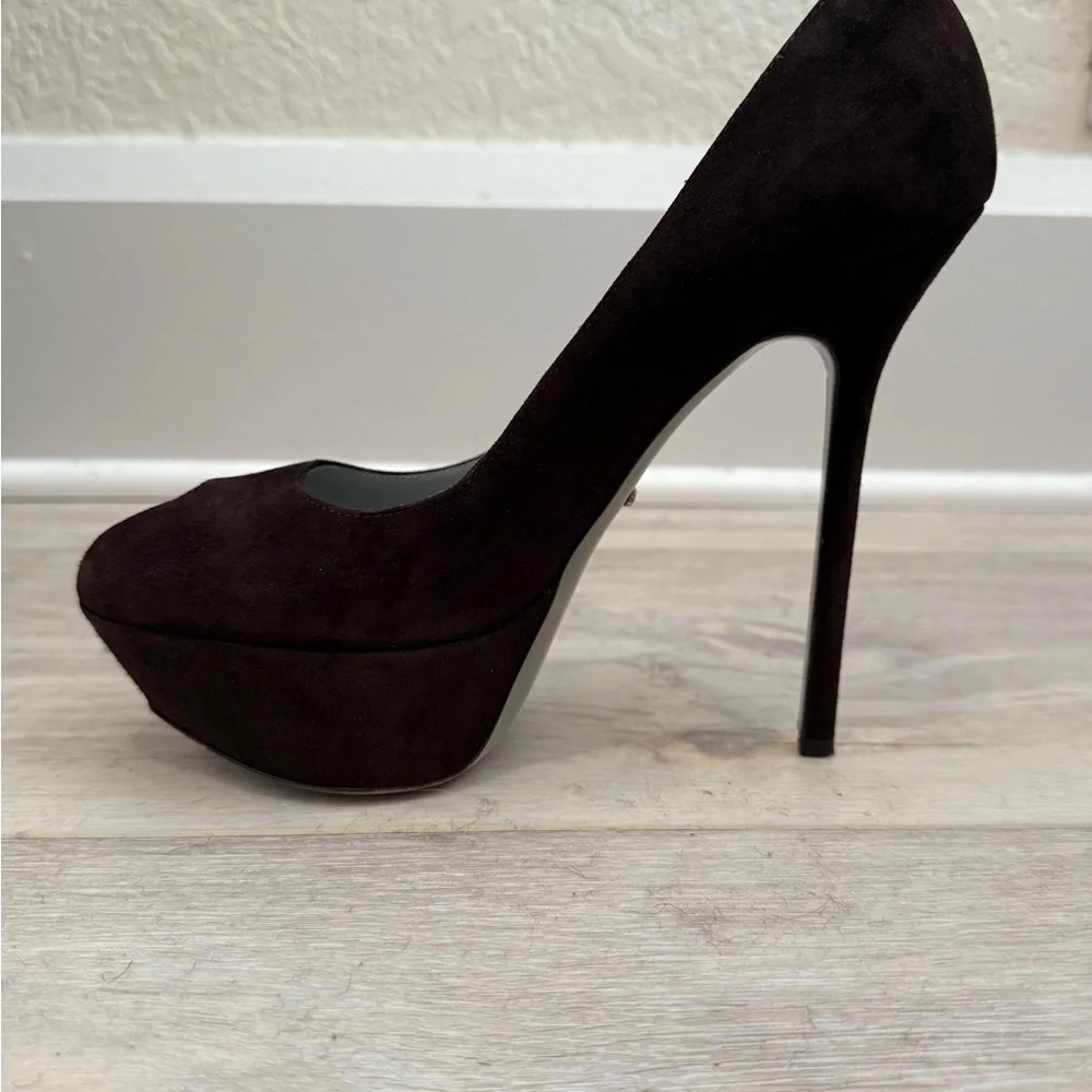$845 SERGIO ROSSI Dark Chocolate Brown Suede Peep Toe Platform Heels Pumps 39.5 - Picture 3 of 14